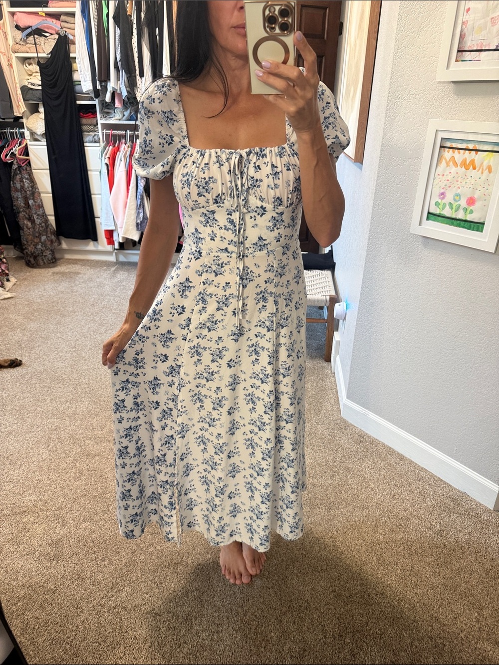 Amazon White Maxi Dress with Blue Floral Print and Puff Sleeves